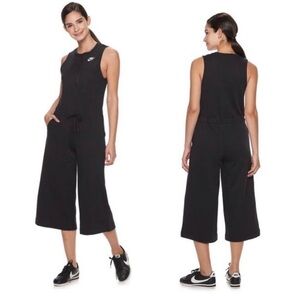 NIKE Sportswear Club French Terry Romper Jumpsuit Crop Gaucho Wide Leg Black S